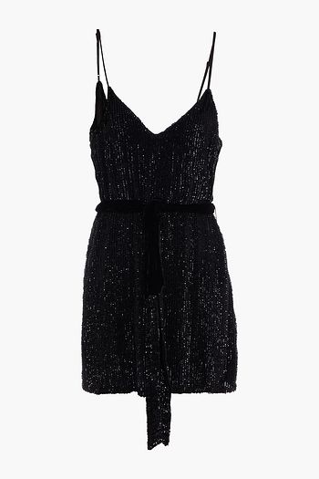 RETROFÊTE Velvet-trimmed sequined crepe de chine mini dress