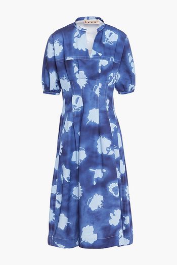 MARNI Pleated printed cotton and linen-blend gabardine midi dress
