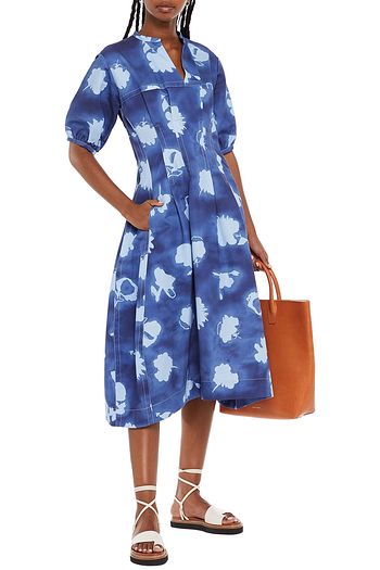 MARNI Pleated printed cotton and linen-blend gabardine midi dress