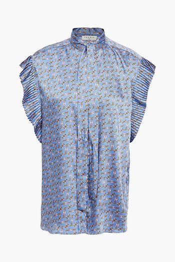 SANDRO Tie-neck printed satin-twill top