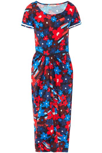 MARNI Gathered floral-print cotton-jersey midi dress