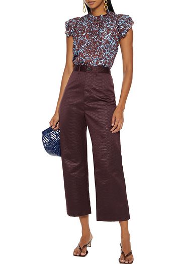 SEA Celine ruffle-trimmed shirred silk-jacquard top