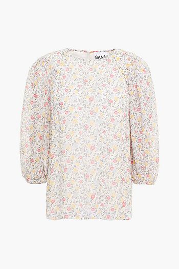 GANNI Oberteil aus Georgette mit floralem Print und Raffung