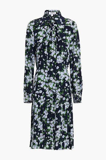 MICHAEL KORS COLLECTION リボンタイ プリーツ入り フローラルプリントシルククレープデシン ワンピース