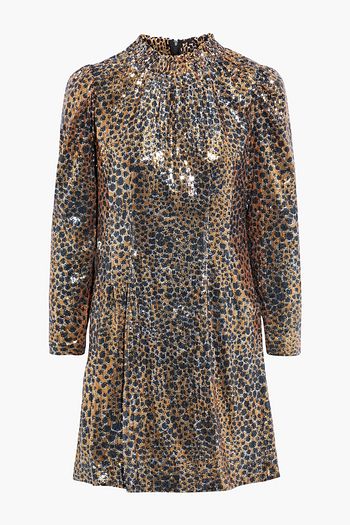 SEA Gathered leopard-print sequined tulle mini dress