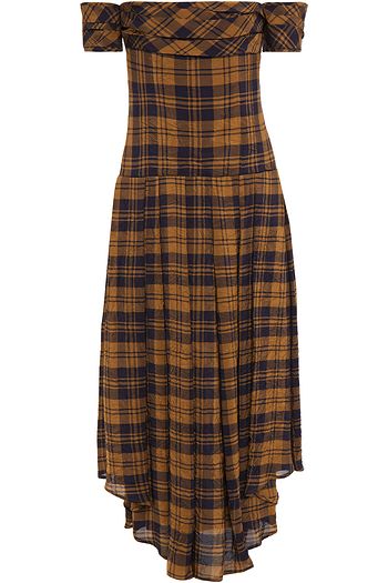 KHAITE Amanda off-the-shoulder pleated checked taffeta midi dress