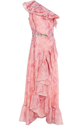 COSTARELLOS Trine one-shoulder ruffled floral-print silk-blend organza maxi dress