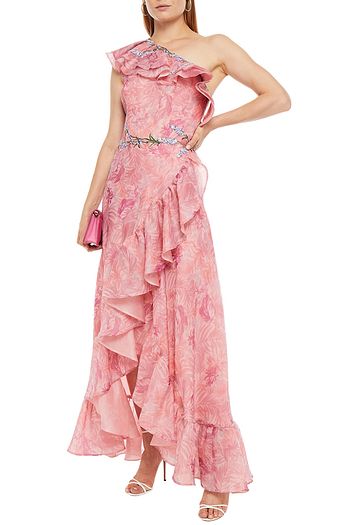 COSTARELLOS Trine one-shoulder ruffled floral-print silk-blend organza maxi dress