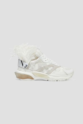 VALENTINO GARAVANI Bounce feather-embellished leather, suede and mesh sneakers