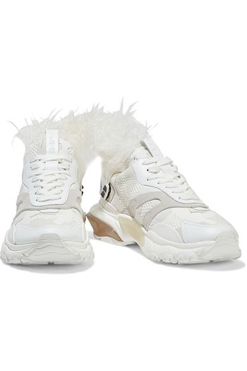 VALENTINO GARAVANI Bounce feather-embellished leather, suede and mesh sneakers
