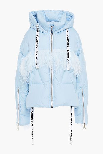 KHRISJOY Oversized-Daunenjacke aus gestepptem Shell mit Kapuze und Federn