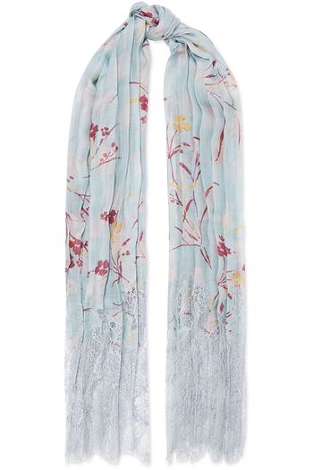 VALENTINO Lace-paneled plissé floral-print cashmere and silk-blend scarf