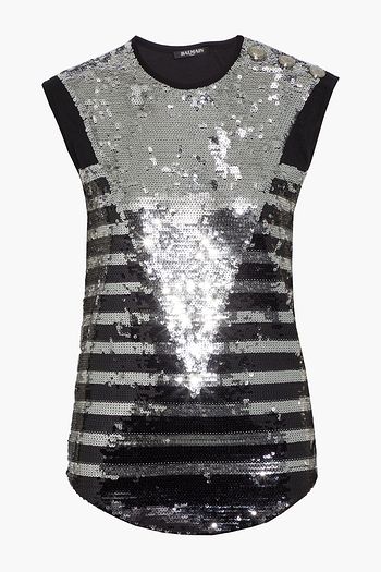 BALMAIN Button-detailed striped sequined cotton-jersey top