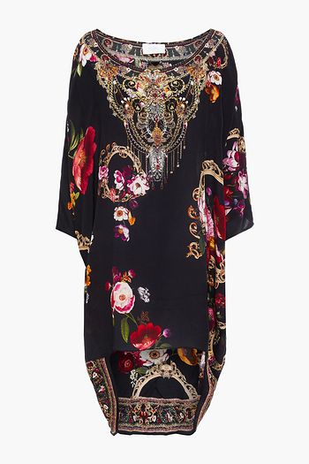 CAMILLA Asymmetric crystal-embellished floral-print silk crepe de chine mini dress