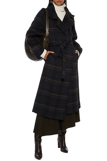 VINCE. Belted checked brushed wool-blend coat
