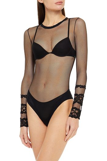 LA PERLA Rugiada embroidered stretch-tulle thong bodysuit