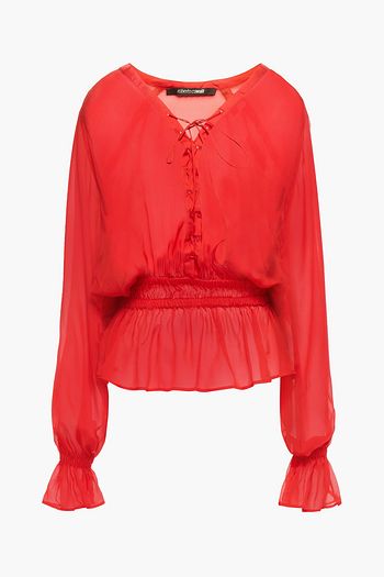ROBERTO CAVALLI Lace-up silk-chiffon blouse