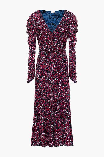 DIANE VON FURSTENBERG Rhea reversible ruched printed stretch-mesh midi dress