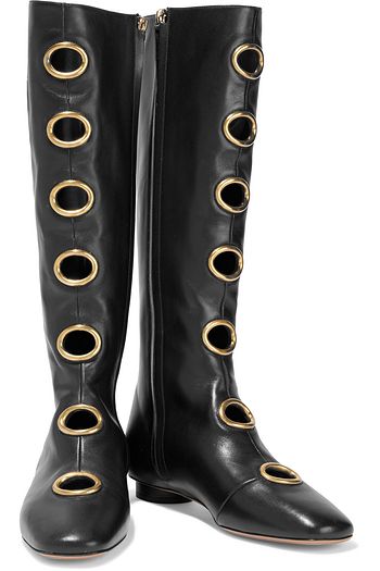 VALENTINO GARAVANI Eyelet-embellished leather knee boots