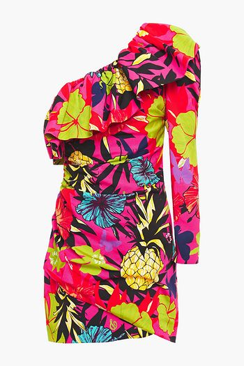 DUNDAS One-shoulder ruffled printed cotton-blend faille mini dress