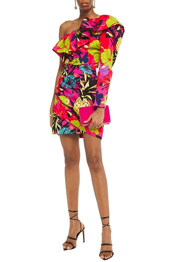 DUNDAS One-shoulder ruffled printed cotton-blend faille mini dress