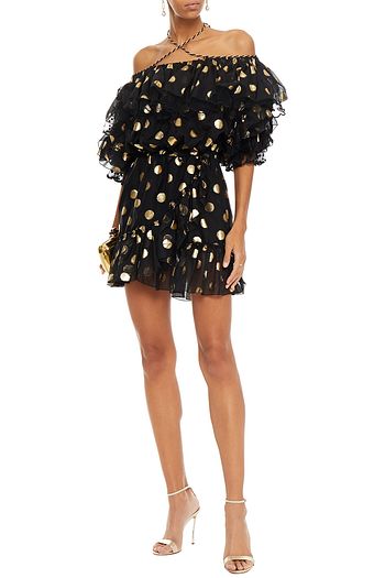 DUNDAS Off-the-shoulder ruffled metallic fil coupé silk-blend mini dress