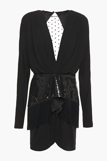 DUNDAS Fringed sequined tulle, Swiss-dot and crepe mini dress