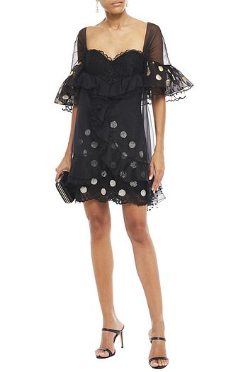 DUNDAS Embellished metallic fil coupé chiffon, point d'esprit and corded lace mini dress