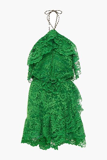 DUNDAS Ruffled floral-appliquéd corded lace halterneck mini dress