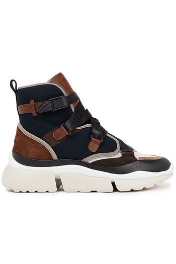 CHLOÉ Leather-trimmed canvas, mesh and suede high-top sneakers