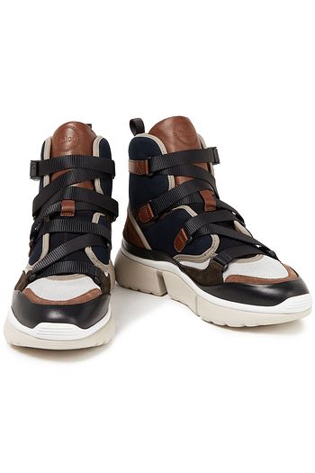 CHLOÉ Leather-trimmed canvas, mesh and suede high-top sneakers