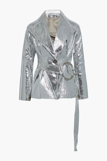 REJINA PYO Josephine belted metallic faux cracked-leather jacket