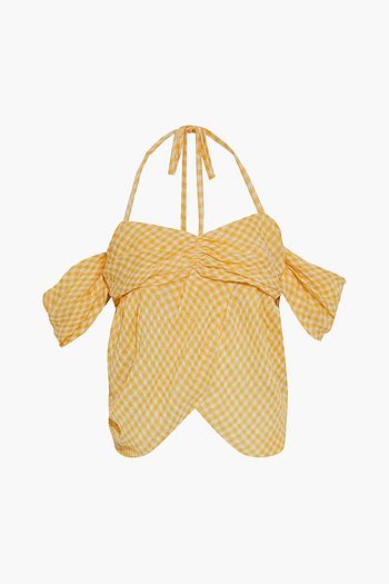 REJINA PYO Jamie off-the-shoulder gingham linen-gauze halterneck top