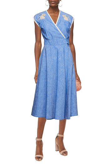 ANTIK BATIK Ponye embroidered cotton-chambray midi wrap dress