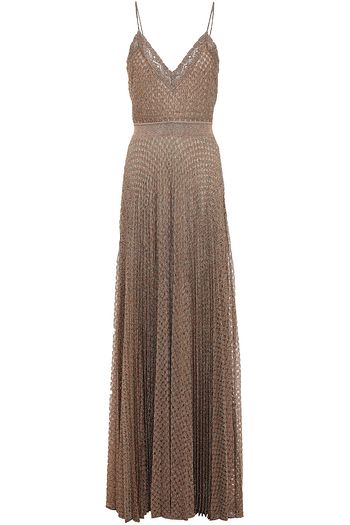 MISSONI Pleated metallic crochet-knit maxi slip dress
