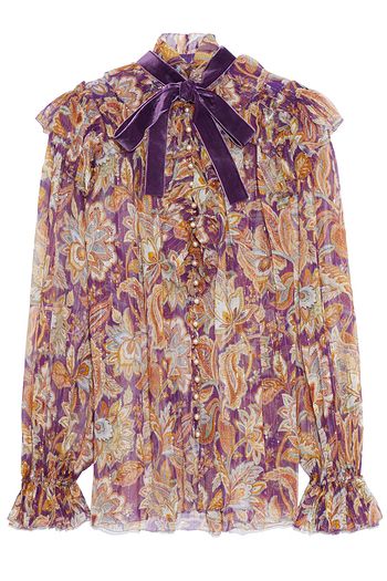ZIMMERMANN Schluppenbluse aus Krepon aus einer Metallic-Seidenmischung mit floralem Print und Rüschen