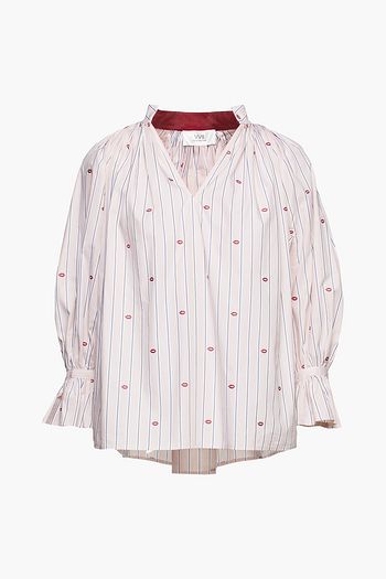 VICTORIA, VICTORIA BECKHAM Gathered striped cotton-jacquard blouse