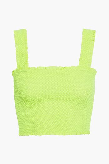 ALICE + OLIVIA Penelope cropped smocked neon cotton and silk-blend top