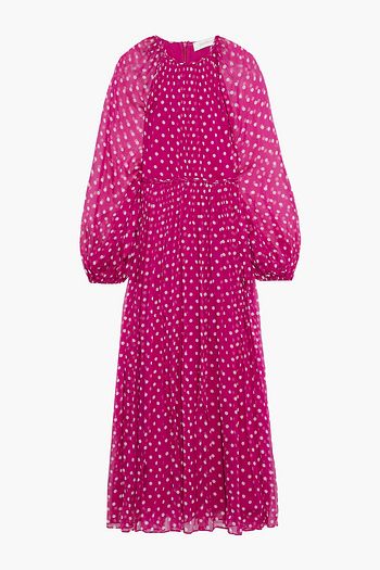 ZIMMERMANN Gerafftes Midikleid aus Seidenkrepon mit Polka-Dots und Flechtbesatz