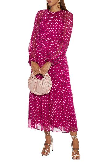 ZIMMERMANN Gerafftes Midikleid aus Seidenkrepon mit Polka-Dots und Flechtbesatz
