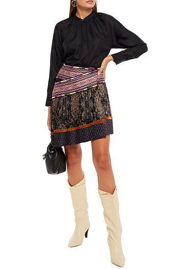 ETRO Velvet-trimmed embroidered plissé-jacquard mini wrap skirt