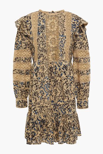 ANTIK BATIK Mary crocheted lace-trimmed printed cotton-gauze mini dress