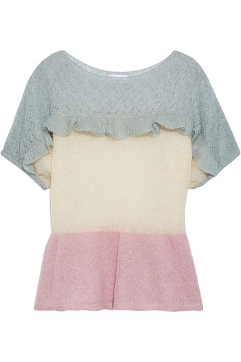 REDVALENTINO Ruffle-trimmed color-block mohair-blend peplum top