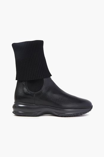 HOGAN Ribbed knit-paneled leather ankle boots