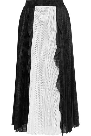 REDVALENTINO Ruffle-trimmed pleated two-tone mesh midi skirt