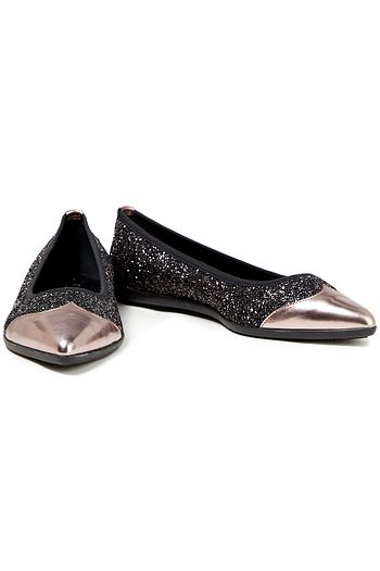 HOGAN Leather-trimmed glittered woven point-toe flats