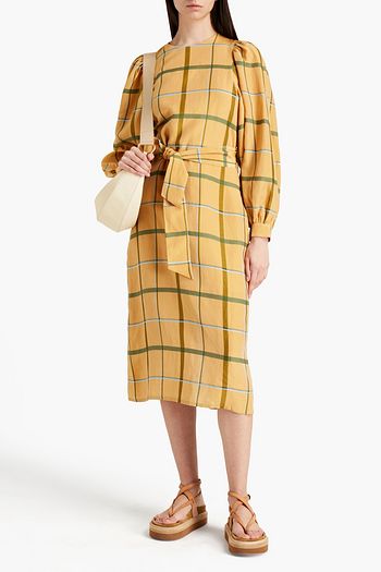 SAMSØE Φ SAMSØE Belted checked shantung midi dress