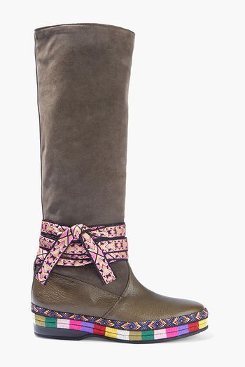 ETRO Jacquard-trimmed suede and textured-leather knee boots