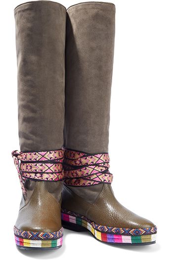ETRO Jacquard-trimmed suede and textured-leather knee boots