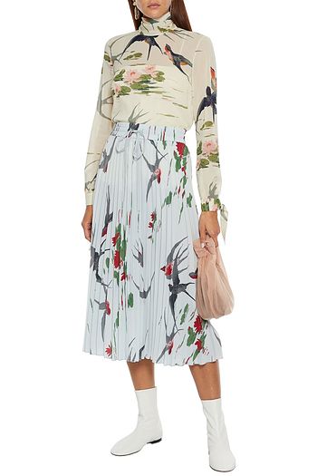 REDVALENTINO Pleated printed crepe de chine midi skirt